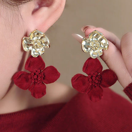 925 Silver New Wine Red Flocking Earrings Elegant Atmosphere Bow Rose New Year Spring Festival Chinese Style Earrings