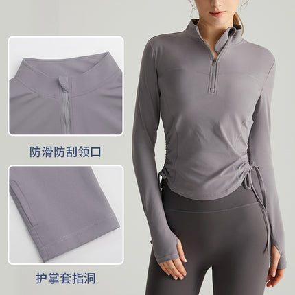 Chuanton Long-Sleeved Fitness Clothing Tops for Women Half-Zip Stand-Up Collar Drawstring Pleated Slim Outer Wear Sports Yoga Clothing