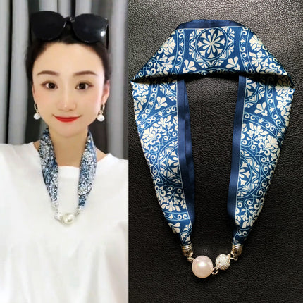 2026 New Magnetic Buckle Small Silk Scarf with Geometric Patterns and Rhinestones, Magnetic Necklace Scarf, Women's Hairband Scarf