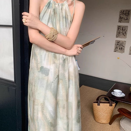 New Chinese Style Light Guofeng Dress Dye Green Unique Elegant Fashion Neck Dress Super Nice Niche Long Dress