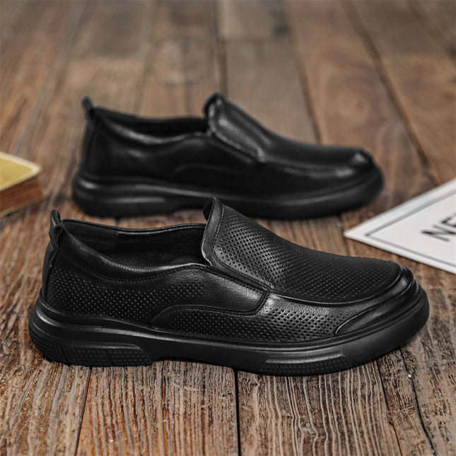Leather Shoes Men's Summer Business Casual Work Shoes Cut Out Breathable Perforated Soft Leather All Black Pure Cowhide Men's Shoes