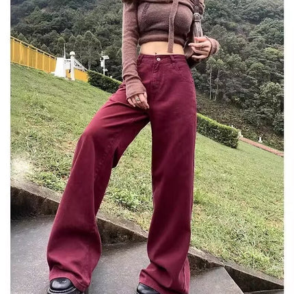 2025 Burgundy Wide-Leg Jeans for Women, Summer New Thin High-Waisted Loose Drape Denim Floor-Length Versatile Pants