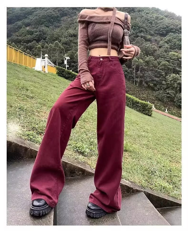 2025 Burgundy Wide-Leg Jeans for Women, Summer New Thin High-Waisted Loose Drape Denim Floor-Length Versatile Pants