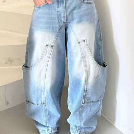 Versace American-Style Silhouette Curved Knife Jeans for Women with Multiple Pockets, Deconstructed Washed Straight Wide-Leg Pants