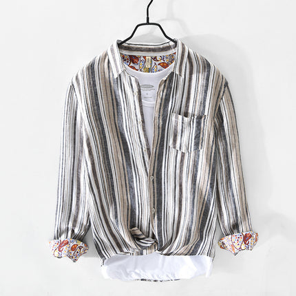 757 Spring and Summer New Men's Casual Linen Stripesd Shirt Drop Shipping