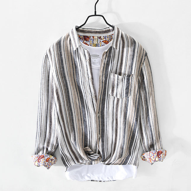 757 Spring and Summer New Men's Casual Linen Stripesd Shirt Drop Shipping