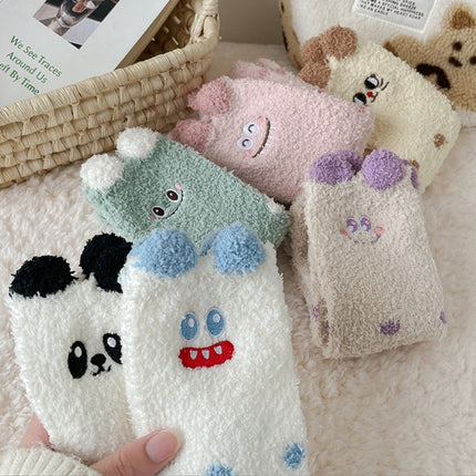 Coral Fleece Socks for Women, Mid-Calf, Winter Warm Thickened Maternity Socks, Three-Dimensional Plush Cartoon Home Floor Socks