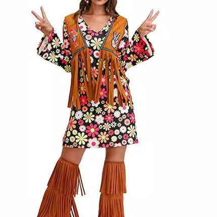 2026 Amazon Halloween Cross-Border Women's Clothing 1970S 1980S Hippie Clothing Printed Dress
