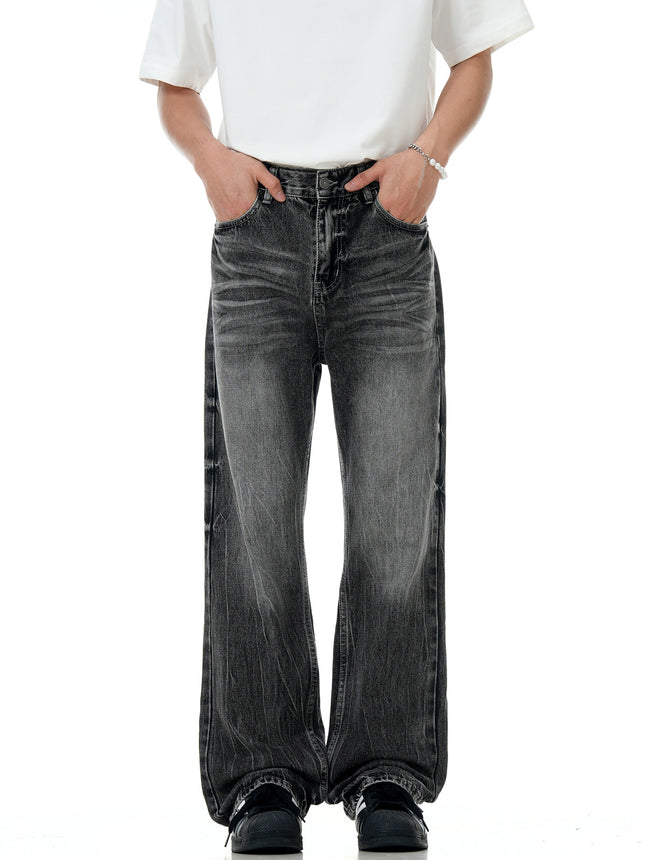 11Kn American Black Bootcut Jeans Lightning Cracked Washed Retro Distressed Loose Slim Casual Pants