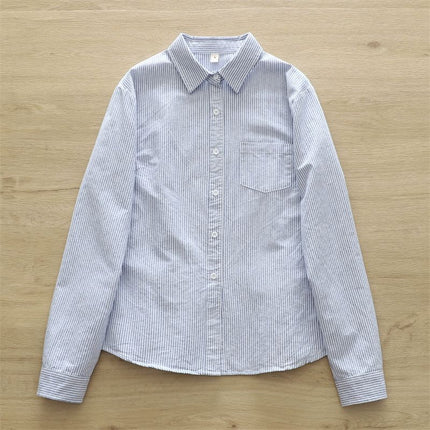 Han Fan Artistic Fresh Style Vertical Stripe Loose Cotton Oxford Textile Commuter Shirt Women's Long Sleeve Base Shirt with Inner Fashion