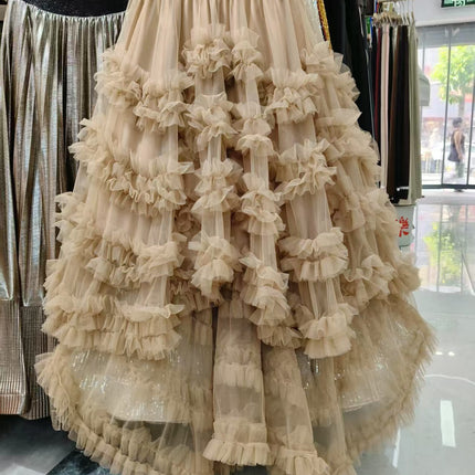 European and American French Romantic Heavy-Duty Ruffled Mesh Fluffy Skirt with Short Front and Long Back Asymmetrical Cake Skirt Fairy