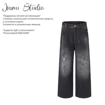 Jiamu Splash-Ink Dirty-Dyed American Baggy Jeans Jeans for Men and Women Straight-Leg Loose Wide-Leg Neutral Draped