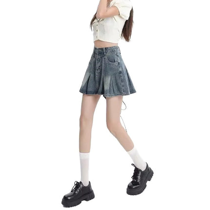 Vintage Blue Denim Pleated Short Skirt for Women Trendy Versatile Summer Petite High-Waisted Slimming Hot Girl A-Line Half Skirt