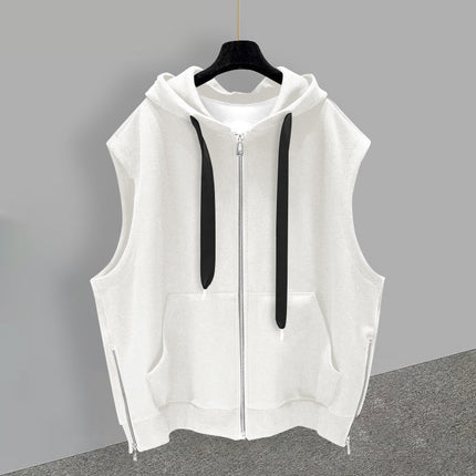 Hong Kong-style hooded vest men's outerwear handsome trend handsome zipper slit design sense sleeveless vest loose all-match