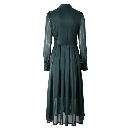Star with 2024 early autumn women's lapel long sleeve dark green buckle waist long temperament socialite dress