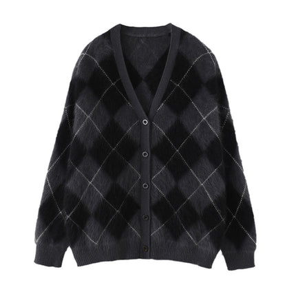 Royal Brushed Diamond Plaid 100 Pure Cashmere Brushed Cardigan V Neck Knitted Jacket Sweater 2025 Autumn and Winter