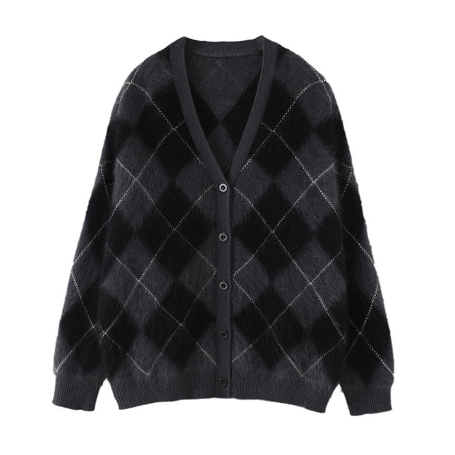 Royal Brushed Diamond Plaid 100 Pure Cashmere Brushed Cardigan V Neck Knitted Jacket Sweater 2025 Autumn and Winter
