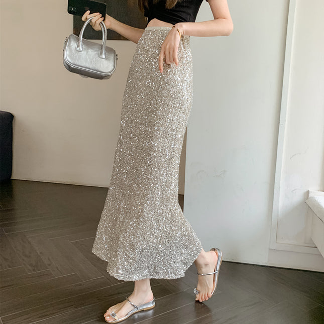 Real shot 2024 spring and summer new eye-absorbing heavy-work sequins fishtail skirt long skirt high waist women