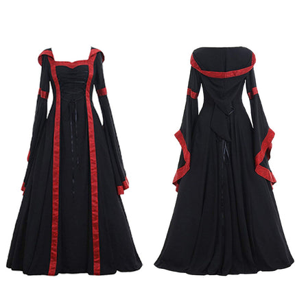 Foreign Trade European and American Women's Medieval Clothing Women's Retro Hooded Dress Square Collar Bell Sleeve Stage Performance Clothing