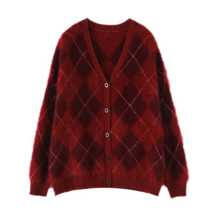 Royal Brushed Diamond Plaid 100 Pure Cashmere Brushed Cardigan V Neck Knitted Jacket Sweater 2025 Autumn and Winter