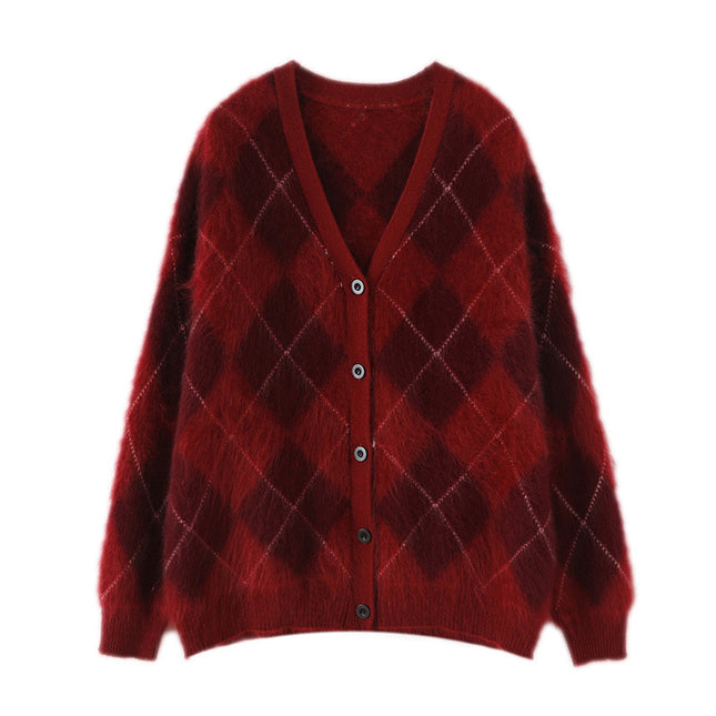 Royal Brushed Diamond Plaid 100 Pure Cashmere Brushed Cardigan V Neck Knitted Jacket Sweater 2025 Autumn and Winter