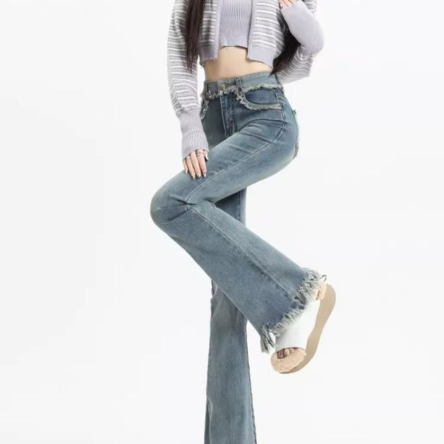 Burr-Edge Micro-Raise Jeans Women's Trendy All-Match New Explosive High-Waist Slim-Fit Horseshoe Trousers