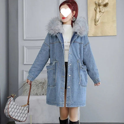 fleece-lined Thickened Denim Cotton-padded Coat Women's Autumn and Winter New Korean Style plus size Loose Western Style All-match Mid-length Cotton-padded Coat