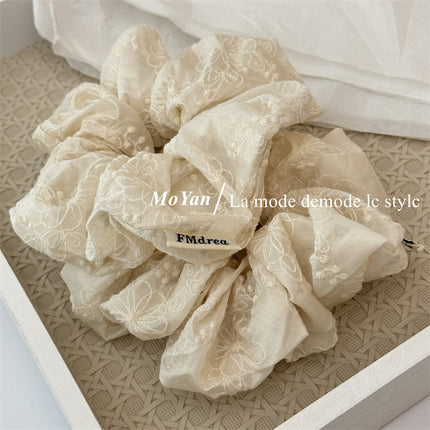 Artistic Retro Cotton Lace Embroidered Large Intestine Hair Ring Hand-made High-grade Beige Hair Rope Head Flower Elegant Tie Rope