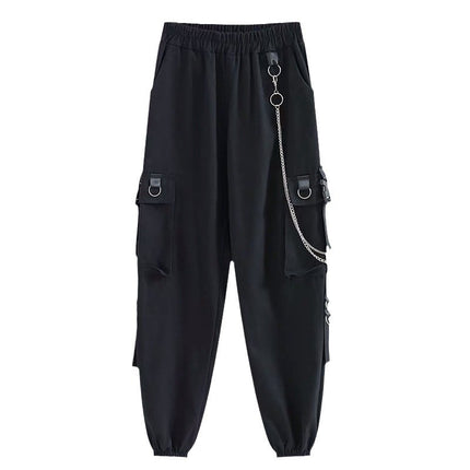 Chain fleece-lined Thickened Tooling Pants Women's Slimming High Waist Handsome Black Pants Women's Loose Straight Korean Style