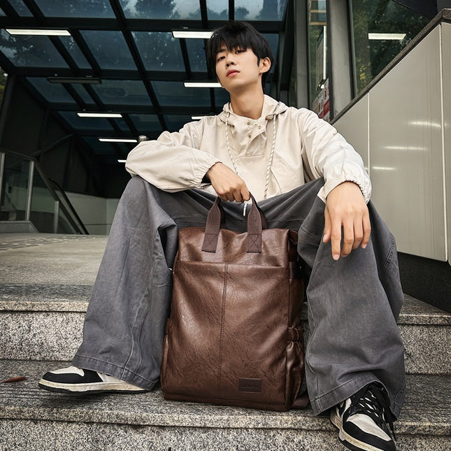Men's New Style pu Leather Backpack Trendy Casual Travel Portable College Student Shoulder Bag College Style Computer Schoolbag
