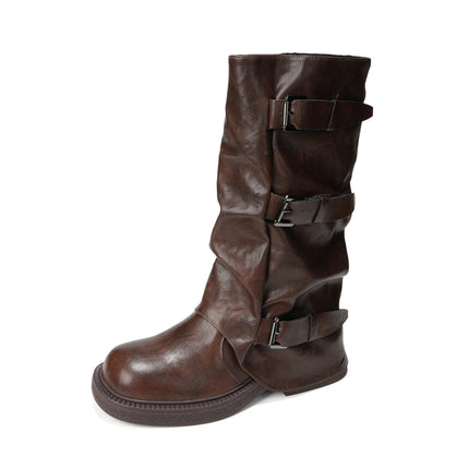 Genuine Leather Version ~ Retro Pleated Thick-Soled Short Boots for Women 2025 Autumn New Belt Buckle Boots Western Boots