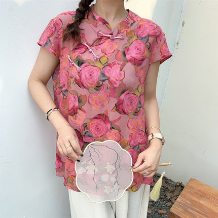 Chinese-Style Button Cotton Silk T-Shirt for Women, Summer Thin Large-Size Rayon V-Neck Pullover Printed Top, National Trend