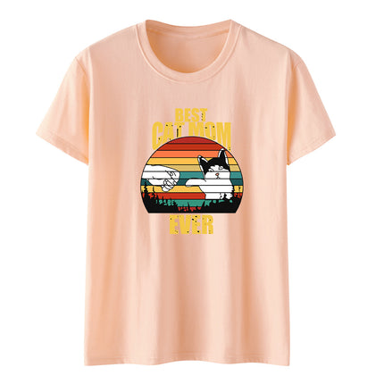 Amazon Summer Best Cat Mom even Mother's Day Fist Cat Letter Printed Casual Short-sleeved T-shirt Women