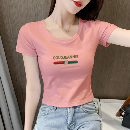 White T-Shirt Women's Short-Sleeved Round Neck Exposed Navel High-Waisted Short Summer Tight-Fitting Crop Top 2025 New T-Shirt