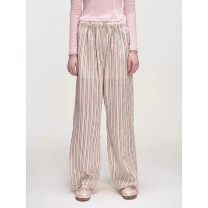 Fake Two Pink Irregular Stripe Loose Drawstring Straight Trousers Ballet Heavy Industry Pleated Fart Curtain