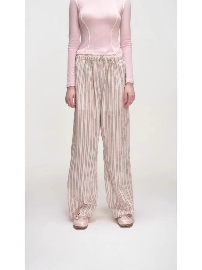 Fake Two Pink Irregular Stripe Loose Drawstring Straight Trousers Ballet Heavy Industry Pleated Fart Curtain