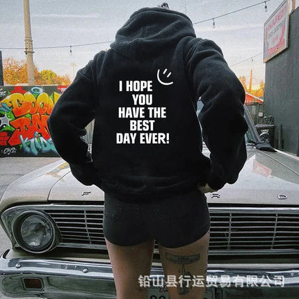 Hooded Pullover Sweatshirt for Women American Style 2022 Spring New Loose Smiley Face Print Letter Print Sweatshirt for Women