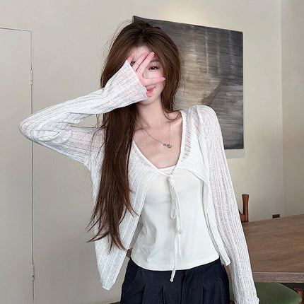 Real Shot of Sun Protection Clothing Long-Sleeved T-Shirt 2025 Summer Short Pure Color Cardigan Jacket Cut Out Lace-Up V Neck Top Women's Clothing