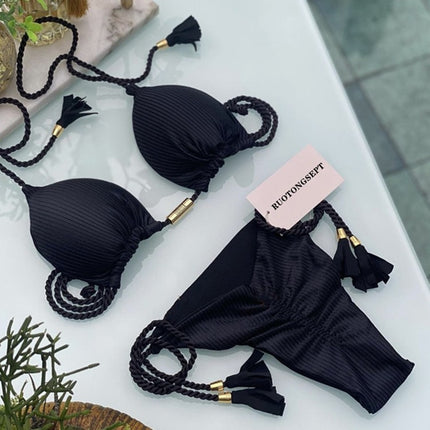 European and American 2025 Spot New Fashion Split Pure Color Bikini Bikini Swimsuit Sexy Lace-Up Halter Swimsuit