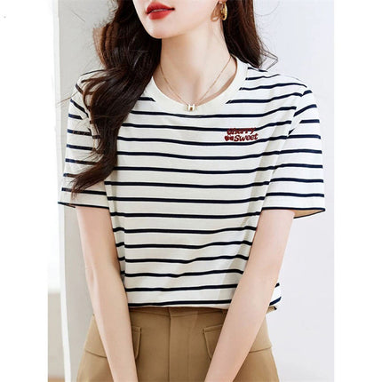 Korean Style Fashionable Half-Sleeved Women's Summer Black and White Stripesd Short-Sleeved T-Shirt Hong Kong Style Stitching Contrasting Color Bottoming Top Ins Half-Sleeved