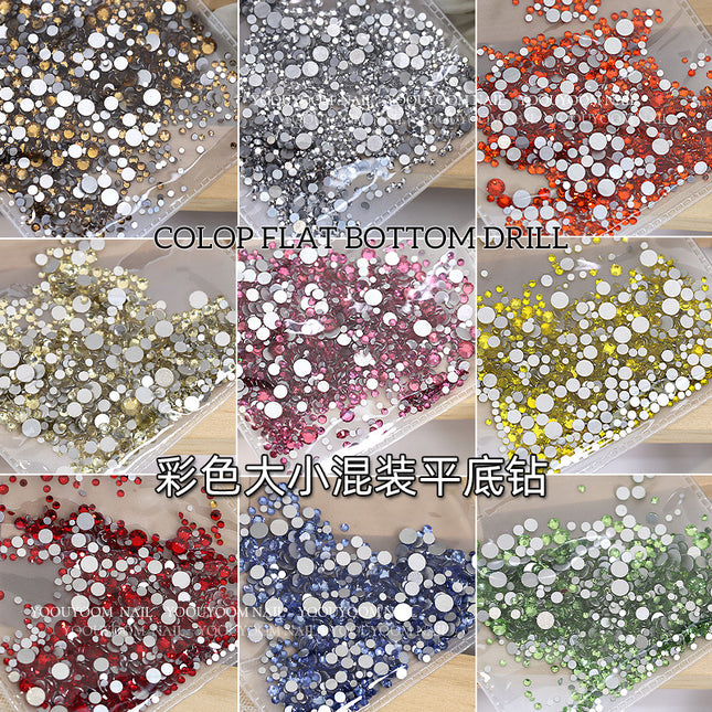 Internet celebrity colorful flat small round diamond nail decoration size mixed glass rhinestone 1440 nail jewelry wholesale