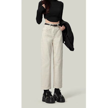 High Waist White Jeans Women's Straight Pants 2025 Spring New All-Match Slimming Cropped Pipe Pants for Small Men
