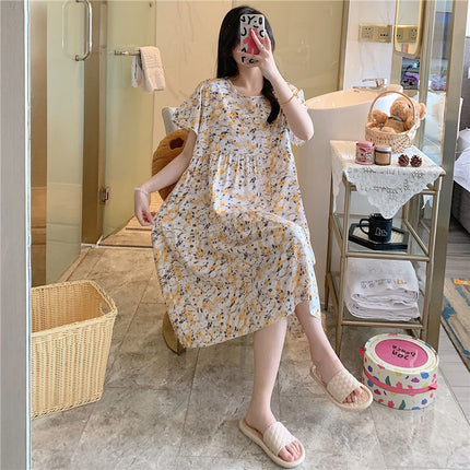 Cotton Silk Nightgown for Women, Summer Thin Short-Sleeved Printed Large Size Nightgown, Pregnant Women Can Wear It Outside, Cool Rayon Home Clothes