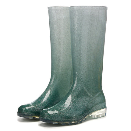 Cross-border new version of rain boots fashion gradient high-level rain boots women's winter fleece-lined warm camping to the sea pastoral