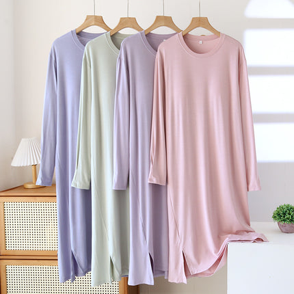 Modal Long-Sleeved Nightgown with Breast Pads for Women, Spring and Autum Large Size Pajamas, Home Clothes, One-Piece Cup, Can Be Worn Outside in Summer