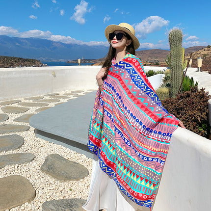 Korean style fresh color line color matching cotton and linen hand scarf ethnic style travel outside shawl sunscreen beach towel
