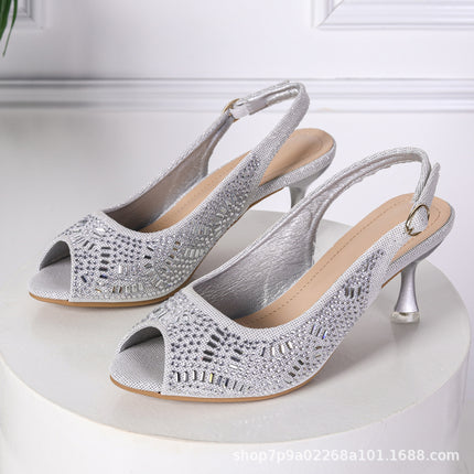 Cross-Border Sexy Fish Mouth Women's Sandals Rhinestone Pointed Toe Stiletto High Heels Hollow Breathable Back Hollow Back Strap Women's Sandals