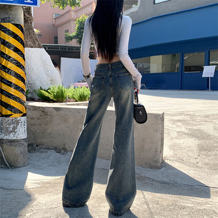 Wasteland Color Diagonal Metal Stud Design Flared Jeans for Women 2026 New Style Pear-Shaped Figure-Flattering Pants