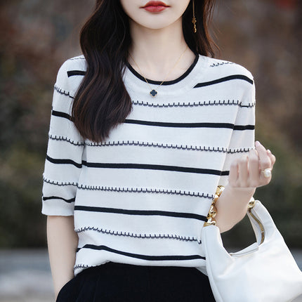 Summer New Stripesd Knitted Short-Sleeved Round Neck Loose Pullover T-Shirt Andy Velvet Women's Top Drop Shipping