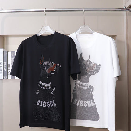 American Heavy Rhinestone Doberman Black Diamond Dog Short-sleeved T-shirt Plus Large Size Chubby Guy Personality Niche Design